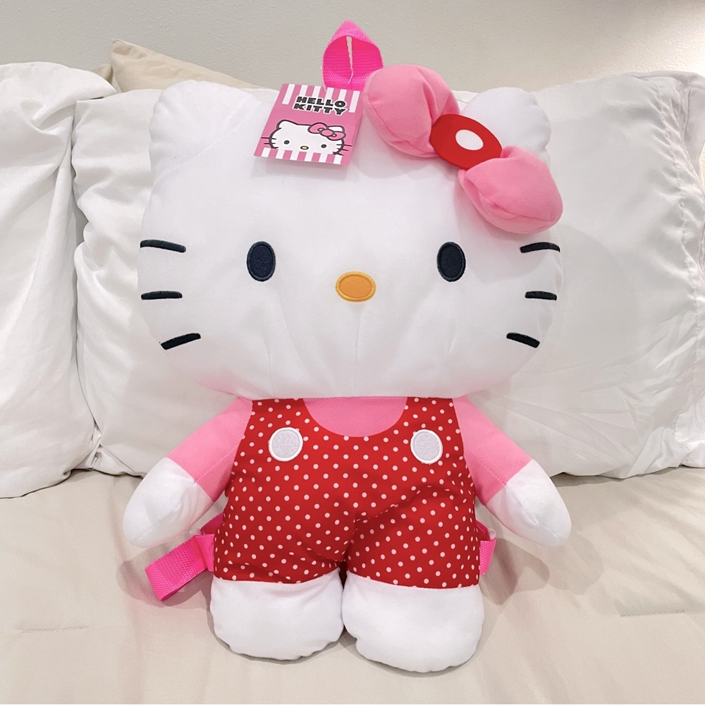 NEW Sanrio Hello Kitty Plush Backpack Red Polka Dot Romper Pink Bow‎ Kawaii Bag